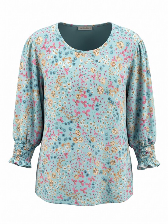 Fantaslook Tops - Fantaslook Light Blue Floral Puff-Sleeve Women's, Knit, 3/4 Sleeve, Plus 2X